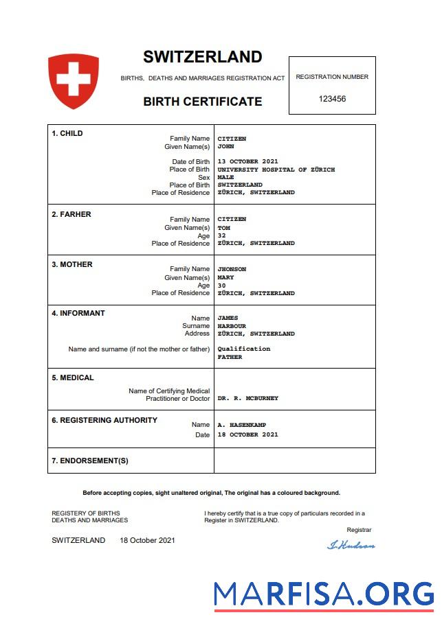 Realistic Switzerland vital record birth certificate Word and PDF template